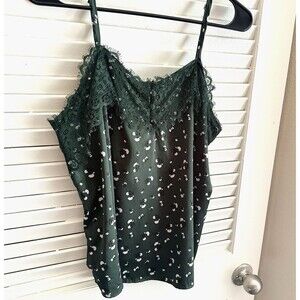 Y2K Forest Green Satin Babydoll Cami Dainty Rosette Lace Trim Cottage Fairy L